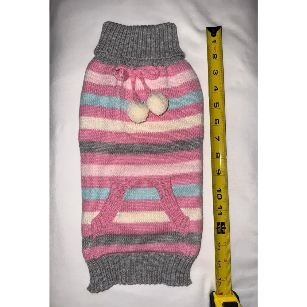 Smoochie Poochie Size Medium Striped Knit Dog Sweater - Pink Blue Gray Pom Poms